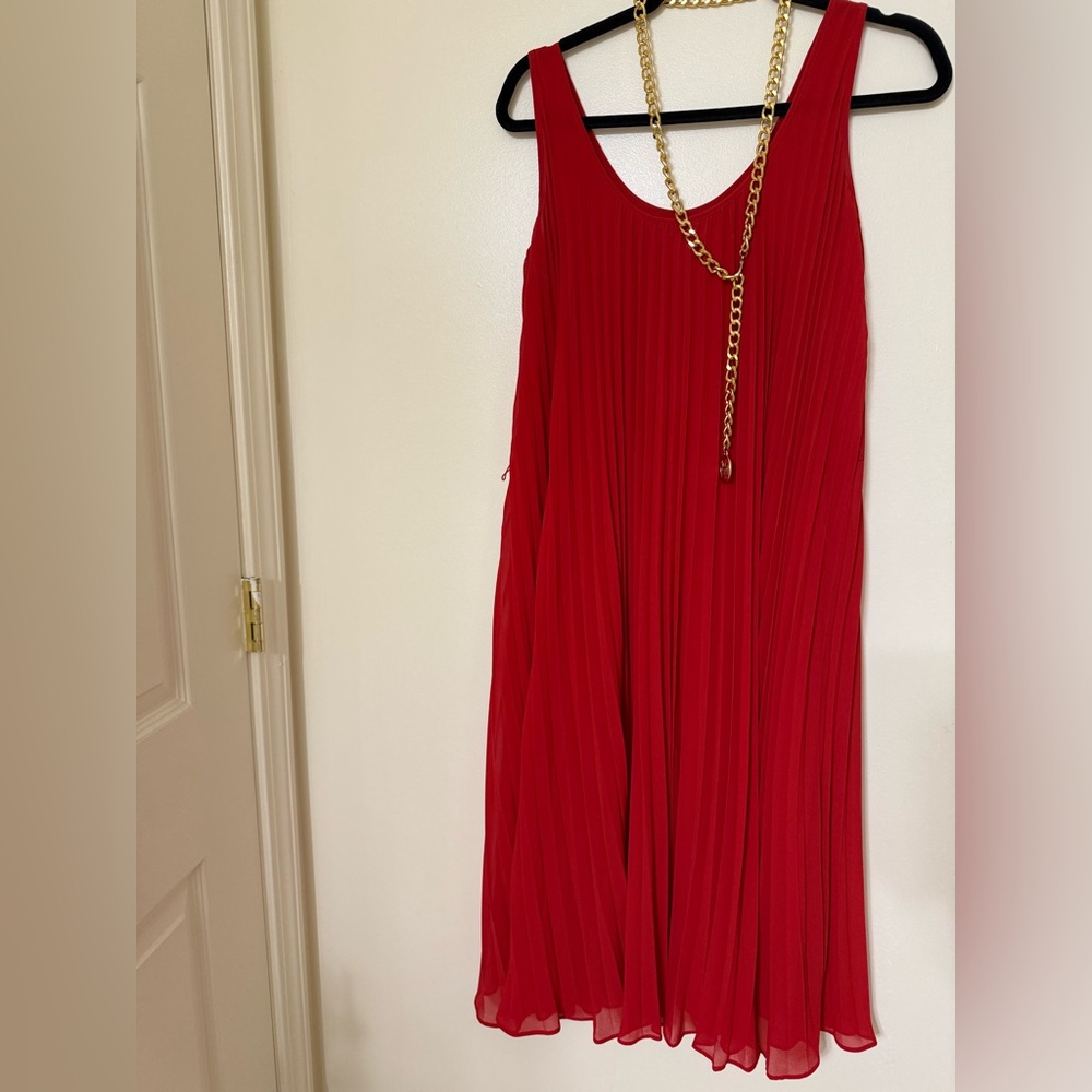 Michael Kors Red Pleated Scoop Neck Midi dress